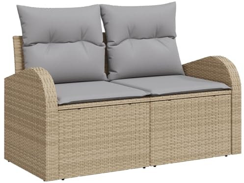 vidaXL Beige und Grau Outdoor Sofa mit viel Stauraum | Wetterfestes Poly-Rattan Zeitgemäße Zweisitzer Kissen Couch geeignet für Patios Gärten langlebige Polyester Möbel Gartenmöbel