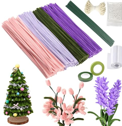 400 Pcs Gradient purple Pipe Cleaners Flower Kit, Chenille Stems DIY Art Craft Supplies with Tutorial, Pearls, Pompoms, Green Floral Wires, Gardening Tape & Stamen - Creative Gift for Handmade Lovers