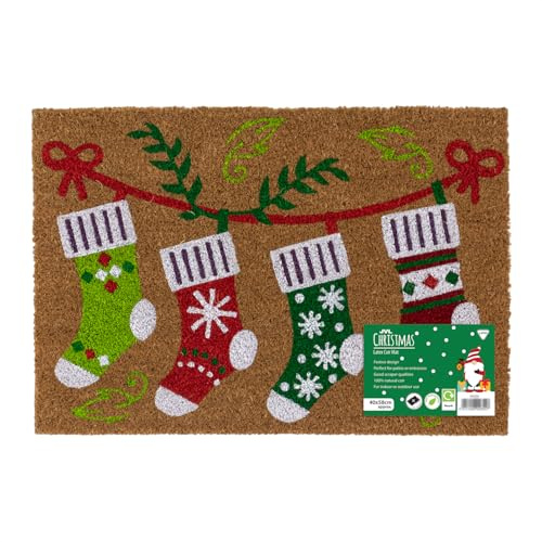 JVL Festive Latex Backed Coir Entrance Doormat, 40x58cm, Stockings