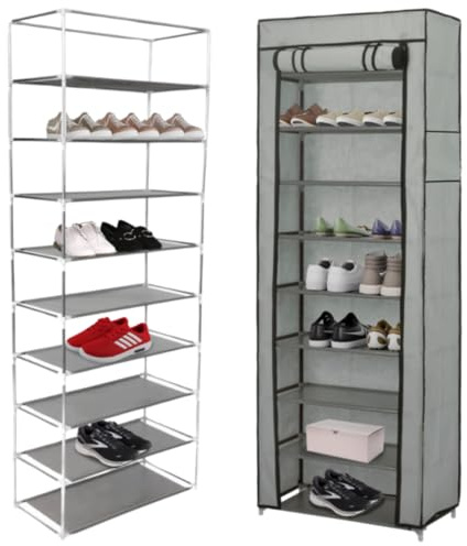 ZOLTA Faltbarer Schuhschrank Stoffschrank 160 cm mit 9 Ablagen Reißverschluss Staubschutz Textil Organizer Schuhregal Schrank für Flur Keller Schlafzimmer Büro grau stabil leicht montierbar