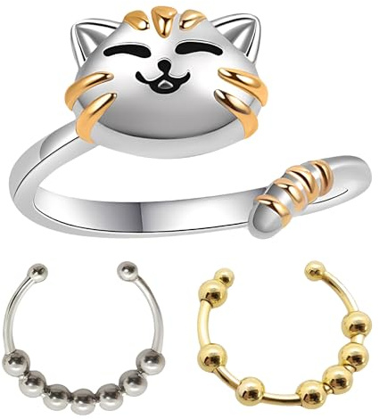 AHEJIOO Anxiety Ring, Anti Stress Ring, 3 Stück Set Mit Katzenmotiv, Gold Und Silber, Für Mädchen Und Frauen Stress Relief Ängstlichkeit