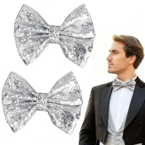 2 Stück Glitzer Fliege Herren,Glitzer Krawatte Herren,Pailletten für Accessoires Weihnachten Männer,Glitzernde Silvester Party Fliegen Vorgebundene Glänzende,Glitzerfliege Herrenkrawatte,Silber