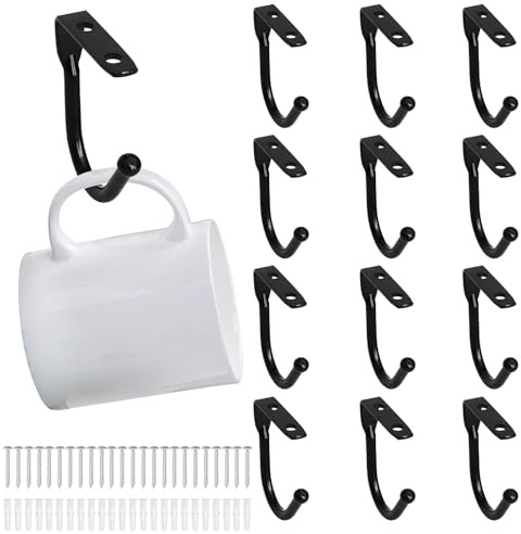 BRYXXA 12 Pcs Black Cup Hooks, Metal Mug Holder Under Cabinet Hook Mug Hooks Under Shelf, Wall Mounted Cup Rack Hook Holder for Kitchen Restaurant Storage Drying Utensils Frying Pans Coffee Tea Cups