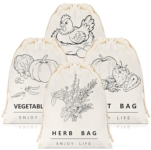 saerryor 4 Pack Reusable Produce Storage Bags, Breathable Cotton Linen Drawstring Bags for Herb Fruit Egg Vegetables