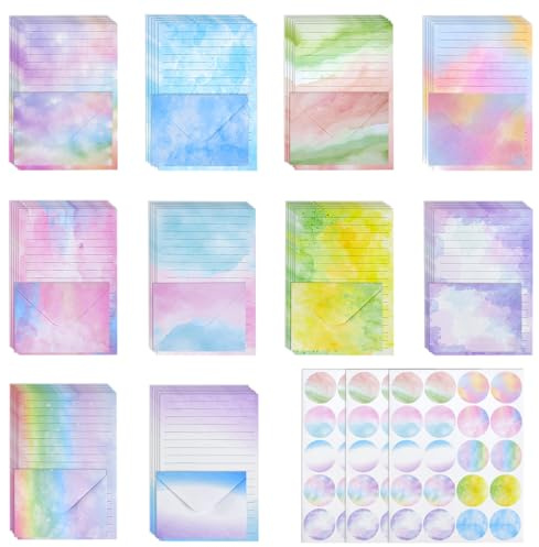 VGECEE Aquarell-Briefpapier-Set 160 Stück Briefpapier mit Umschlag Mädchen | 50 Aquarell Liniert Briefpapier + 50 Briefumschläge + 60 Sticker Buntes Briefpapier mit Umschlägen, für Einladungskarten