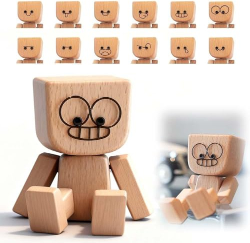 KQLHLHDYZ Holzmännchen-Figur für Auto-Armaturenbrett, Lustige handgefertigte wackelige Holzpuppe geeignet für Auto-Zubehör und Schreibtischdekoration mit 12 magnetischen Ausdrücken