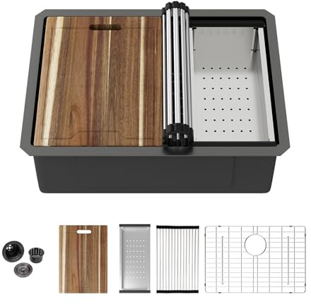 Kichae 25 Évier de cuisine encastrable – 63,5 x 48,3 cm – Évier de cuisine à rebord en acier inoxydable – Bol unique sous comptoir – Lavabo profond d'angle rond