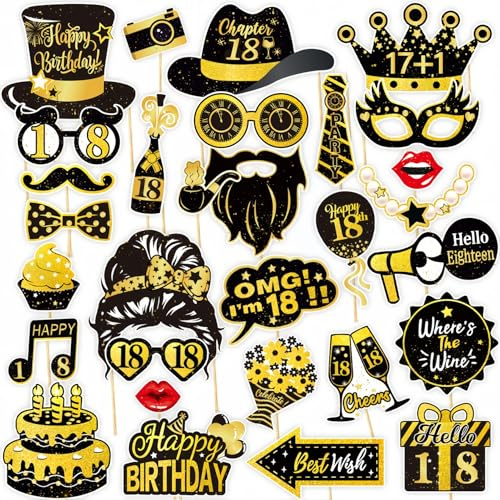 Photo Booth Compleanno 18 anni | 30 Pezzi Foto Props per Feste e Compleanni con Nero Oro,Gadget 18 anni Ragazza Ragazzo per Invitati (18th)