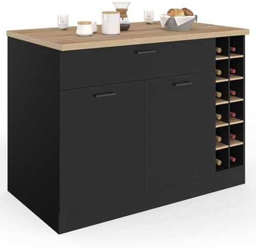 IDMarket - Insel Central George mit Flaschenregal, Schrank und Schublade, Holz, schwarz, mit Arbeitsplatte in Buche-Optik