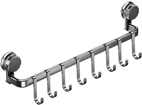 Küchenstange,Hakenleiste Küche ohne Bohren mit 8 Haken,Küchenutensilienhalter Saugnapf Montage,45 cm lang,Halter für Küchenutensilien,Selbstklebend Abnehmbarer Haken für Küche, Bad, Zimmer (Grau)