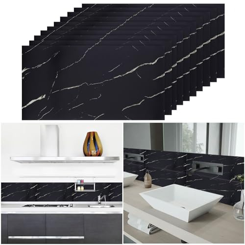 Warmiehomy Marmorfliesen, 60 x 30 cm, 10 Stück, dick, selbstklebend, wasserfest, abziehen und aufkleben, Vinyl-Fliesen für Wohnzimmer, Schlafzimmer, Badezimmer, Küche, Spritzschutz, Schwarz und Weiß