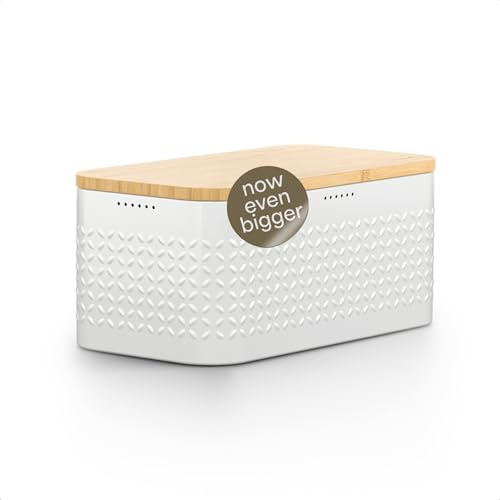 LARS NYSØM Portapane in metallo I Portapane per freschezza duratura con piedini antiscivolo I Coperchio in bambù adatto come tagliere | 34,5x18,5x15,8cm (Pure White)