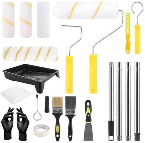 APACALI 19PCS Paint Roller Set with Extension Pole, Paint Rollers and Trays Sets, 9 & 4 Paint Roller and Brush Set, Painting Rollers Set for Painting Walls, Ceilings, Doors, Yellow