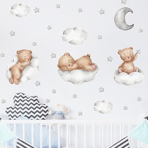 1 Stück Wandsticker & Wandtattoo, Teddybär auf Wolken mit Sternen und Mond, Dekoratives Wanddekoration für Kinderzimmer und Babyzimmer, Selbstklebende Wandaufkleber zum Gestalten