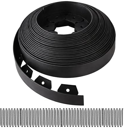 Relaxdays Rasenkante, 30 m x 5 cm, Kunststoff, Flexible Beeteinfassung, 90 Erdanker, Umrandung für Beet & Rasen, schwarz