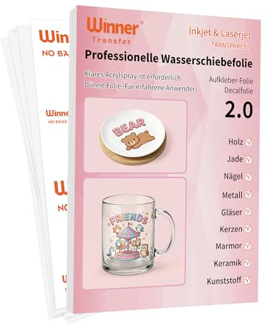 WinnerTransfer Transparent Inkjet/Laser Wasserschiebefolie | A4X10 Blatt,Kerzentattoos,Decalfolie,Nassschiebefolie für Spielzeugmodelle,Tassen,Keramik, Glas, Kunststoff