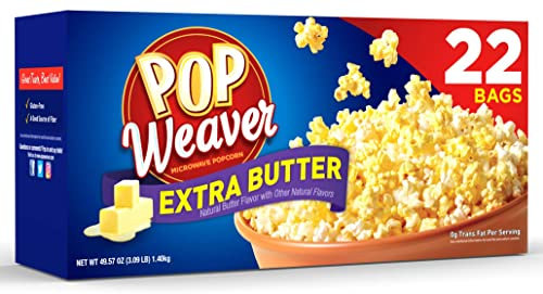 Pop Weaver Microwave Popcorn, Extra Butter, 2.5oz Bag, 22/Box