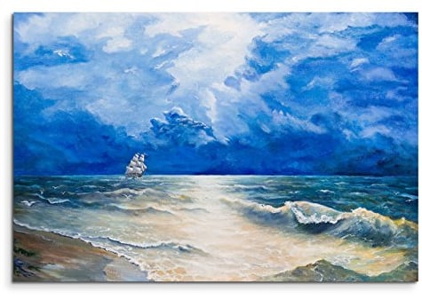 120x80cm Leinwandbild auf Keilrahmen Ölgemälde Meer Segelboot Wolken Wandbild auf Leinwand als Panorama
