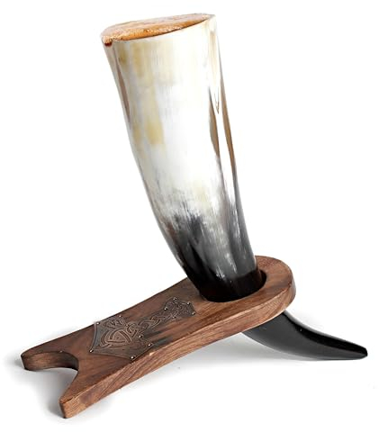 Norse Tradesman Genuine Ox-Horn Viking Drinking Horn with Solid Wood Stand Engraved with Thor's Hammer | Burlap Gift Sack Included | The Mjolnir, High Polish, 30 cm