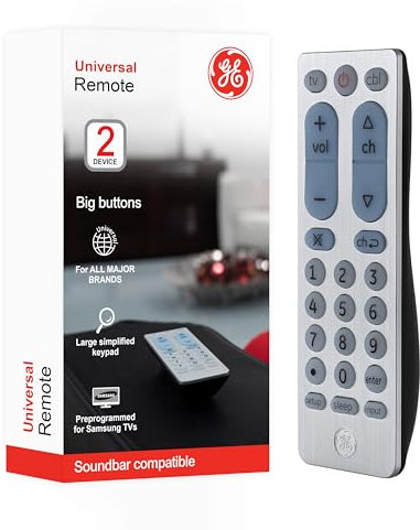 GE Big Button - Mando a Distancia Universal para Samsung, Vizio, LG, Sony, Sharp, Roku, Apple TV, TCL, Panasonic, Smart TV, Reproductores de Streaming, BLU-Ray, DVD, 2 Dispositivos, Plata, 33701
