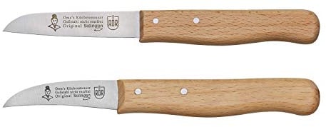 RÖR Haushaltsmesser/Gemüsemesser - Oma's Küchenmesser Set 2-teilig aus Gußstahl mit Glattschliff und Buchenholzgriff - nicht rostfrei - Made in Germany/Solingen