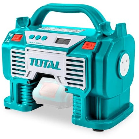 TOTAL - Compresor Híbrido a Batería P20S de 20 V - Bomba de Aire Eléctrica para Inflar Balones, Colchones y Neumáticos - Cargador de 12 V para Coche - Incluye Adaptadores