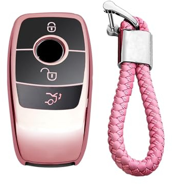 M.JVisun Soft TPU Case Cover Protector Car Remote Key Fob Case For Mercedes-Benz 2019-2022 A Class C Class G Class 2017-2022 E Class 2018-2021 S Class Fob Remote Key - Glossy Pink - Braided Keychain