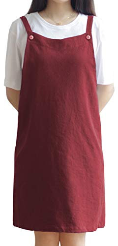 Verstellbare Küchenschürze, japanischer Stil, Baumwoll-Leinen, mit 2 Taschen, Schürze für Frauen, Koch, Kellnerin, Friseur, passend für Grill, BBQ, Farbe, Kreuzrücken, H Schultergurte Dunkelrot