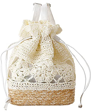 H.S.G.K Damen Stroh Rucksack Fashion Daypack Geflochtene Umhängetasche Sommer Strandtasche Weiß