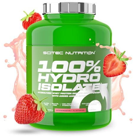 Scitec Nutrition 100% Hydro Isolate - Aislado hidrolizado con glutamina y arginina - Sin azúcar, sin gluten - Recuperación post-entrenamiento, 2000 g, Fresa