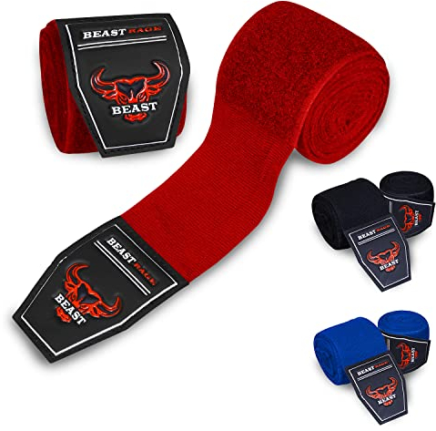 BEAST RAGE Box-Handbandagen,2,5/4,5 Meter, Kampfsport-Bandagen, Innenhandschuhe, Handgelenkstützgurte,Schlagen unter den Handknöcheln,schwere elastische Trainingstasche (Rot, 2.5 M)