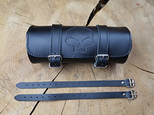 ORLETANOS Tool Skull Schädel Totenkopf Werkzeugrolle kompatibel mit Harley Davidson Chopper Reisekoffer Lederrolle Werkzeugrolle Hot Rod HD Koffer Sissybar Gepäckrolle Motorradkoffer schwarz
