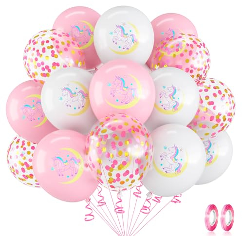 Pastel Pink & White Unicorn Balloons - 12 Inch Helium Latex with Confetti for Princess Unicorn Birthday or Baby Shower Party Decorations