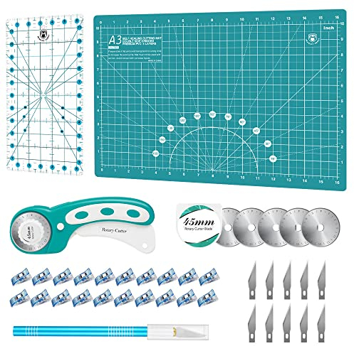 Headley Tools Rotary Cutter Set - 45mm Fabric Cutter, 5 Extra Rotary Blades, A3 Cutting Mat, Quilting Ruler and Sewing Clips, Craft Knife Set, Ideal for Crafting, Sewing, Patchworking,Turquoise