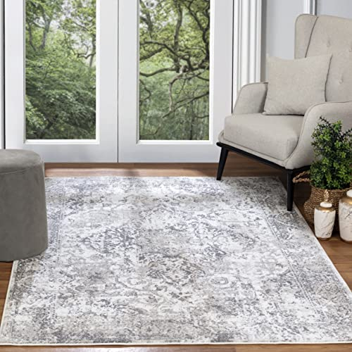 Livabliss Almere Vintage Teppich Groß - Orientalischer Boho für Wohnzimmer, Esszimmer, Schlafzimmer - 120x170 cm, Kurzflor für Einfache Pflege - Muster in Grau und Weiß