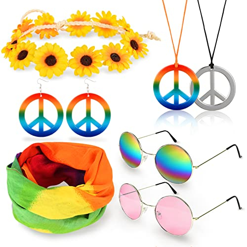 WuikerDuo Retro Hippie Accessoires,Hippie Kostüm Set mit 60er Jahre Retro Vintage Sonnenbrille,Friedenszeichen Halskette und Ohrring,Sonnenblume Krone Haarband,Buntes Hippie Stirnband