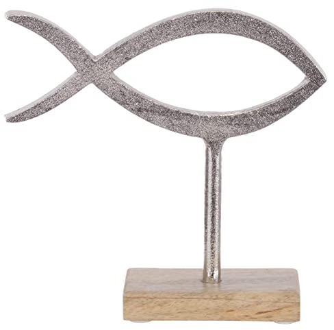 Brandsseller Deko-Aufsteller Fisch ca. 18 x 16,5 x 5 cm auf Mangoholz-Sockel/Aluminium-Holz