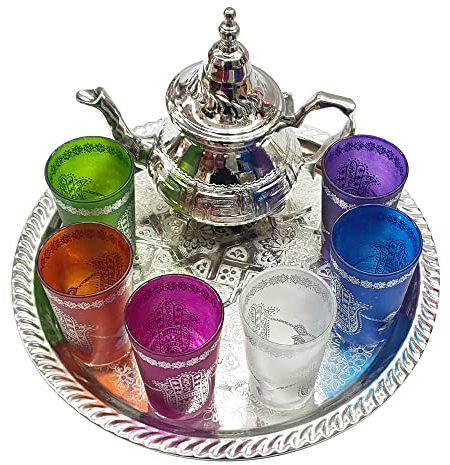 Set da tè tradizionale marocchino completo teiera 350 ml vassoio 28 cm con 6 bicchieri in vetro con incisioni tradizionali a mano di Fatima