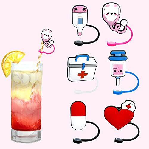 6 Pieces Straw Cover Nurse Straw Covers, Reusable Silicone Straw Tips Lids Dust-Proof Straw Plug Cap for Nurse Shape Straw Protector Graduation Theme Medical School Home Party Decor Kitchen Supplies