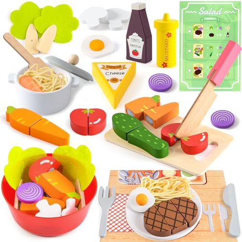 Atoylink Dinette en Bois Accessoire Cuisine Enfant Salade Pasta Aliment en Bois Enfant Nourriture Ustensile Cuisine Enfant Fruits et Légumes à Découper Jouets en Bois Cadeau Garçon Fille 3+ Ans