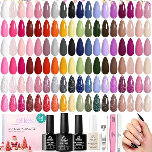 beetles Gel Polish 44 PCS Spring Nails Set-36 Colours Gel Polish Set Base Coat Glossy Matte & Glitter Top Coat Colourful Muse Collection Nude White Pink Red Blue Gel Valentines Gifts for Her