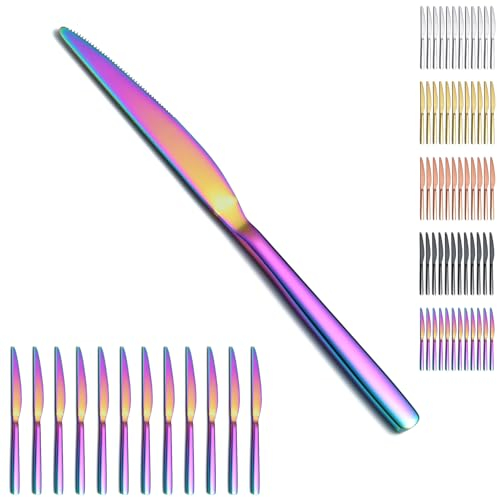 Evanda Rainbow Dinner Knives Set 12 Pieces, Colorful Titanium Plating Stainless Steel Table Knife Steak Knives, Butter Knife Set, Modern Design Cutlery Set, Dishwasher Safe