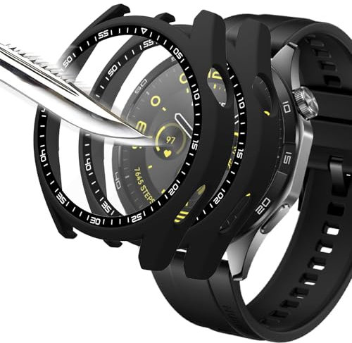 Msiall [2 piezas Película protectora de pantalla negro con vidrio templado para,estuche para PC con dureza 9H, parachoques, estuche protector completo delgado para inteligente HUAWEI WATCH GT 4 46mm