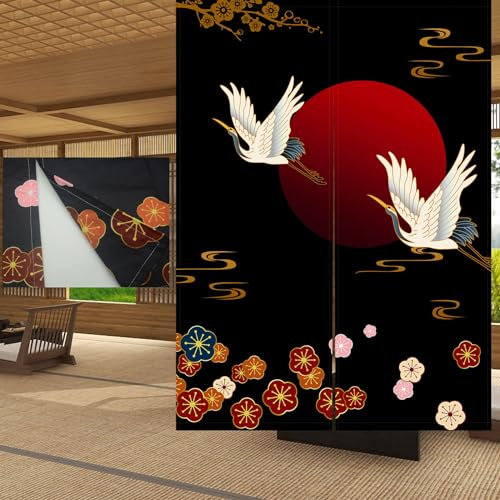 LIGICKY Japanischer Stil Dick Noren Lang Doppelseitig Druck Vorhang Türvorhang Raumteiler Tapisserie für die Heimtextilien 85 x 120 cm, Schwarz, Weißer Kranich, Rote Sonne und Blumen