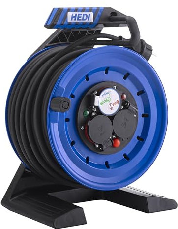 HEDI Vollkunststoff-Kabeltrommel Generation 7 Companion (Kabeltrommel-ø 250 mm, 25 m Gummi Leitung, spritzwassergeschützte 3-fach Schutzkontakt-Steckdose 250 V) K7A25GTF