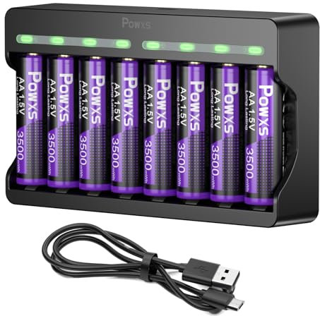 POWXS Wiederaufladbare Lithium Akkus AA 8-Pack mit Ladegerät, 1.5V AA Batterien, 3500mWh Hohe Kapazität Lithium Batterie Lang anhaltende AA Li-ion Batterie mit spezielles Ladegerät