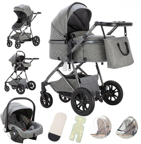 Gcarebb 3 in 1 Kinderwagen, Buggy Mit Auto Babyschale, Mit Höhenverstellbarer Kinderwagen Komplettset, KombiKinderwagen für Neugeborene 0-3 Jahre