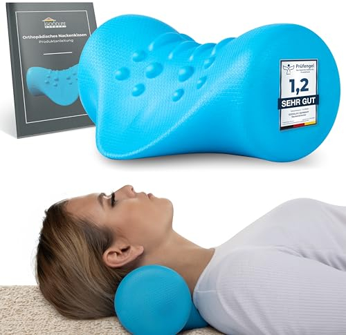 GoodLifeGermany Nackenstrecker orthopädisch - ergonomisch geformter Nackendehner - wohltuend bei Kopf-& Nackenschmerzen, Ausrichtung der Halswirbelsäule - deutsche Anleitung - (Blau)