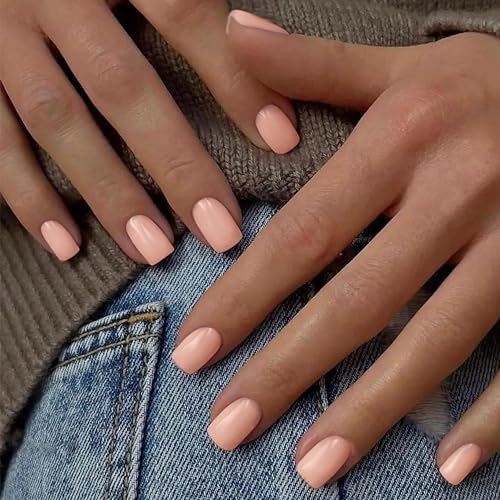 MrCuvaryas Press on Nails Kurz, Square Nägel zum Aufkleben Fake Nails Künstliche Fingernägel mit Nagelkleber, Glossy Einfarbige Kunstnägel zum Aufkleben NailTips für Frauen (Nude Skin, 24pcs)