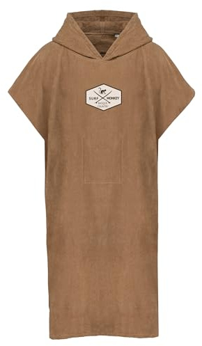 Surf Monkey Poncho Serviette de Surf avec Capuche et Poche Intérieure - Coton Bio (Beige, S/M)